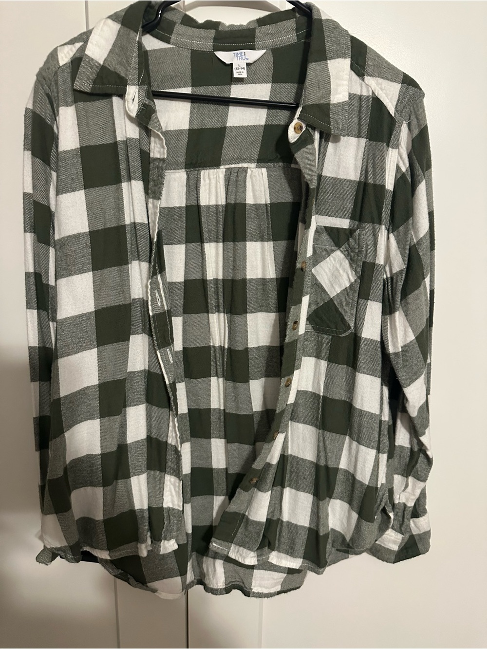 Time and Tru Olive Green & White Plaid Button-Down Shirt